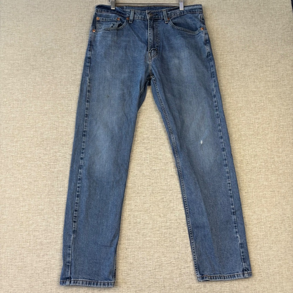 Levis 505 Mens 34x32 Jeans Medium Blue Washed Denim High Low Fading